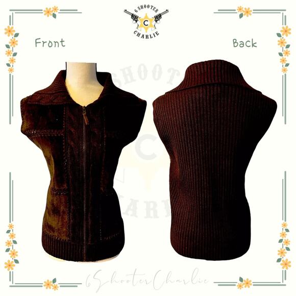 VTG DESIGNERS STUDIO ORIGINALS Leather & Cable Knit Vest Womens Brown Size Large - Picture 1 of 4